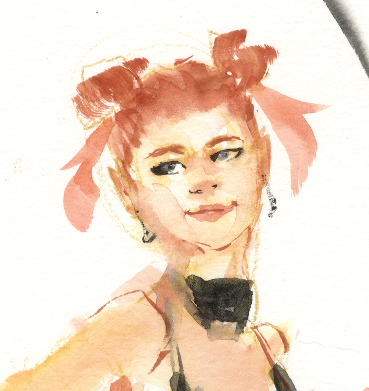 Artistic illustration of a female ninja with red hair in space buns and a sword on a white background