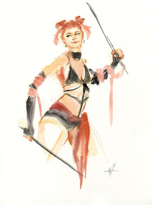 Artistic illustration of a female ninja with red hair in space buns and a sword on a white background
