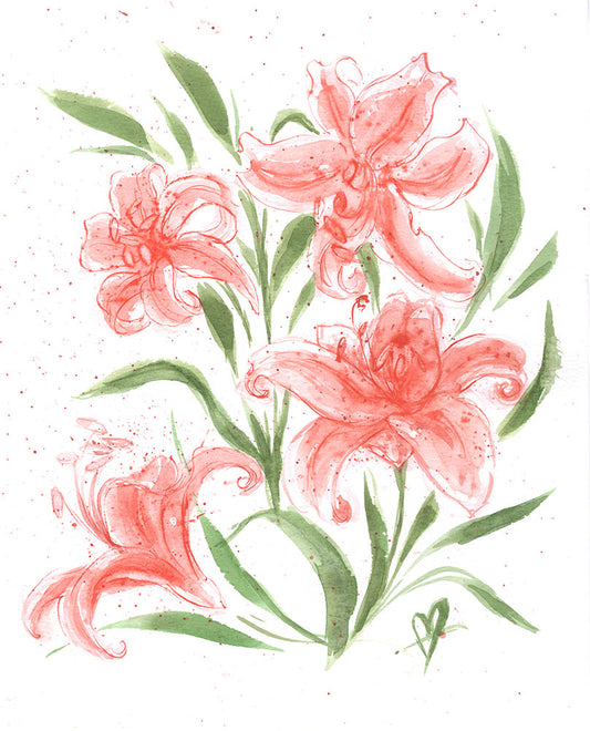 Artistic illustration of orange lilies with green leaves on a white background