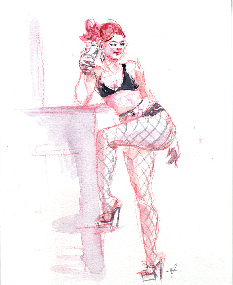 Artistic illustration of a woman in a revealing outfit standing at the bar